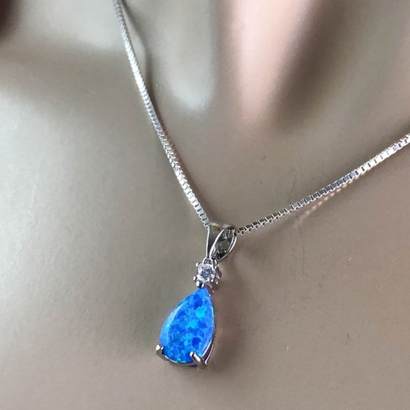Sterling Silver Blue Opal CZ Necklace - Picture 6 of 8